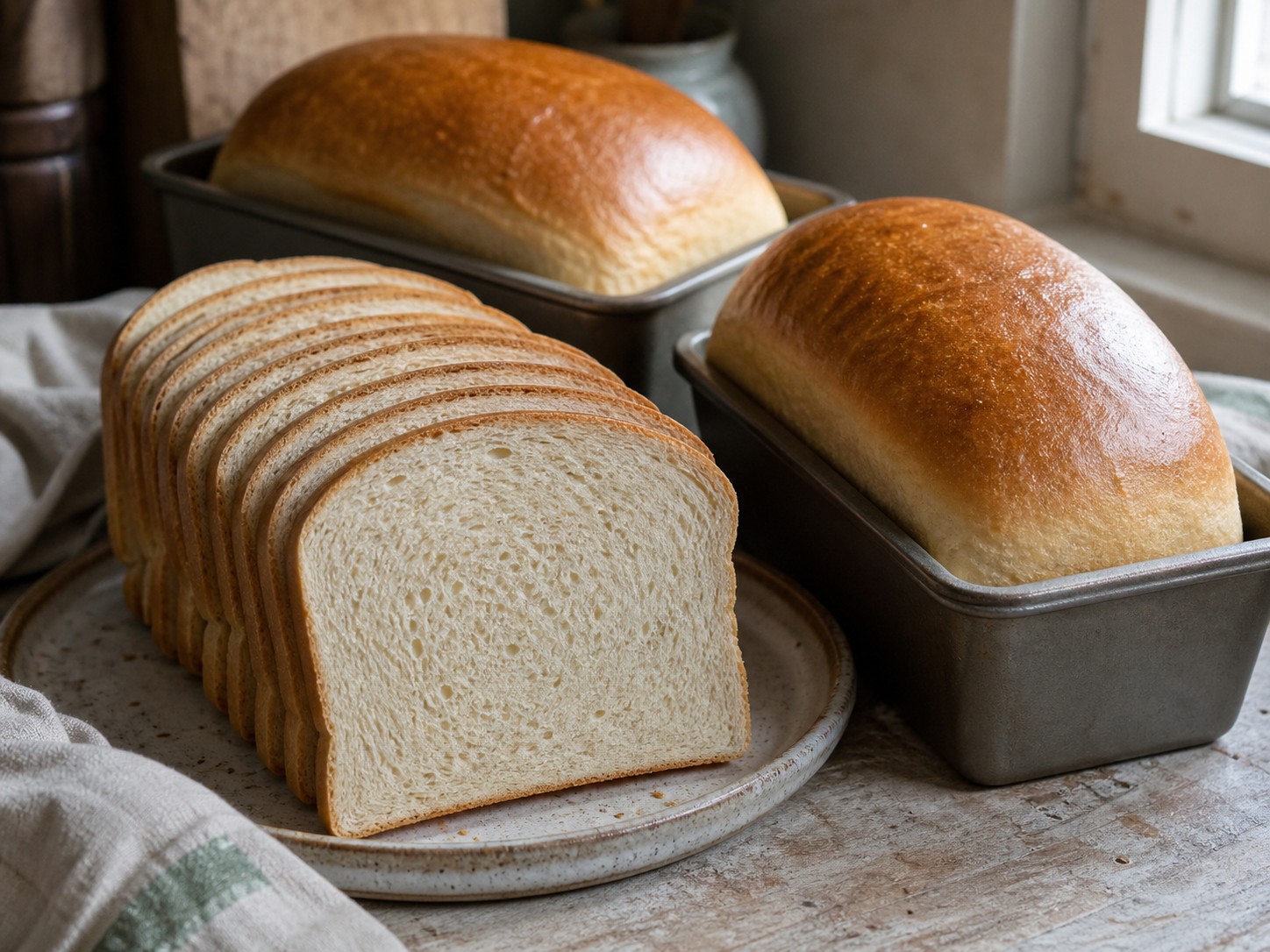 Sliced sourdough sandwich loaf with a soft even crumb on a wooden board.