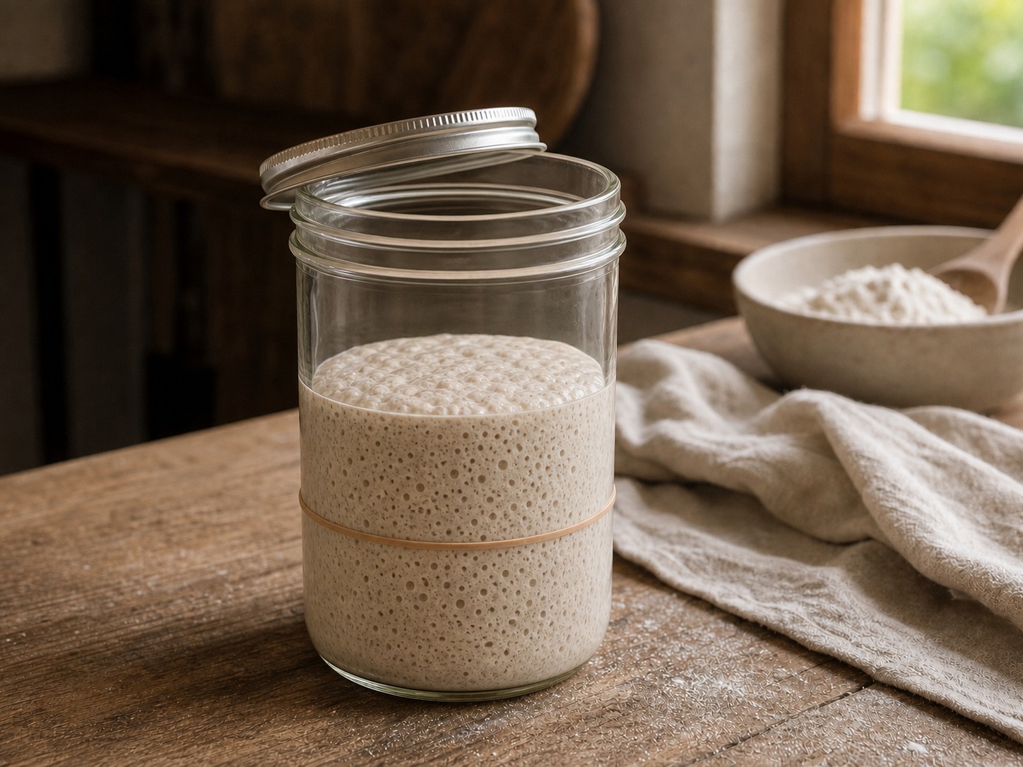 A bubbly, doubled sourdough starter in a glass jar with a rubber band marking its starting level.