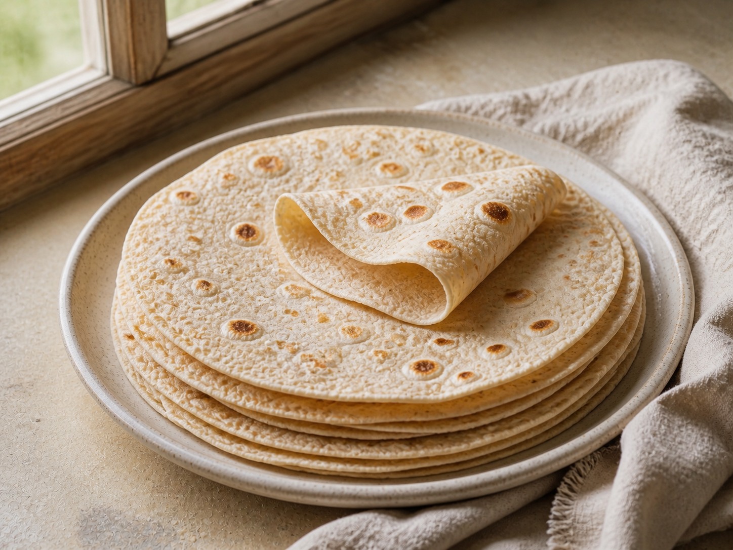 A stack of handmade sourdough flour tortillas with browned skillet spots and one tortilla folded to show its flexibility.