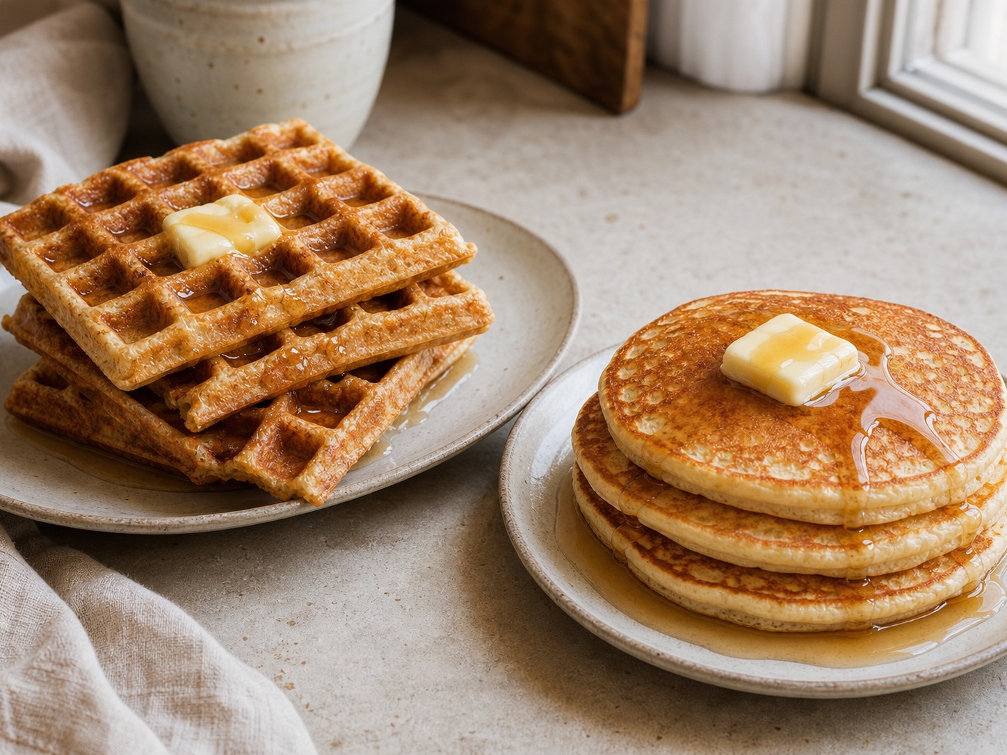 Golden sourdough waffles and fluffy sourdough pancakes served together with butter and maple syrup.