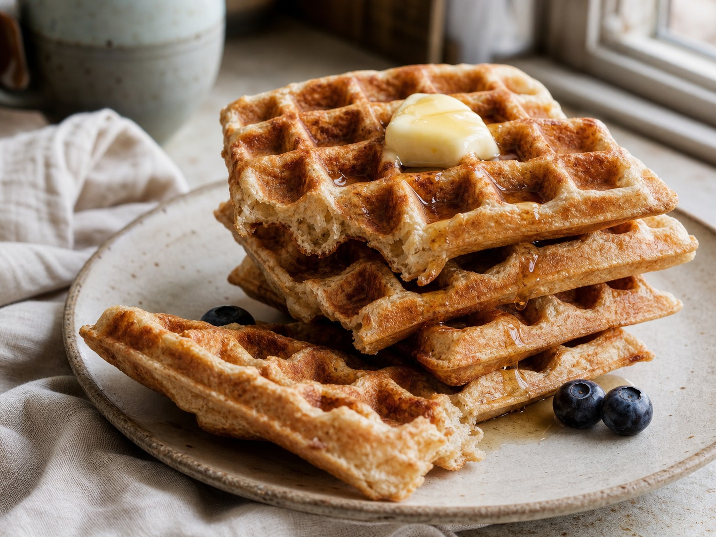 Crisp golden sourdough waffles stacked with butter and maple syrup.