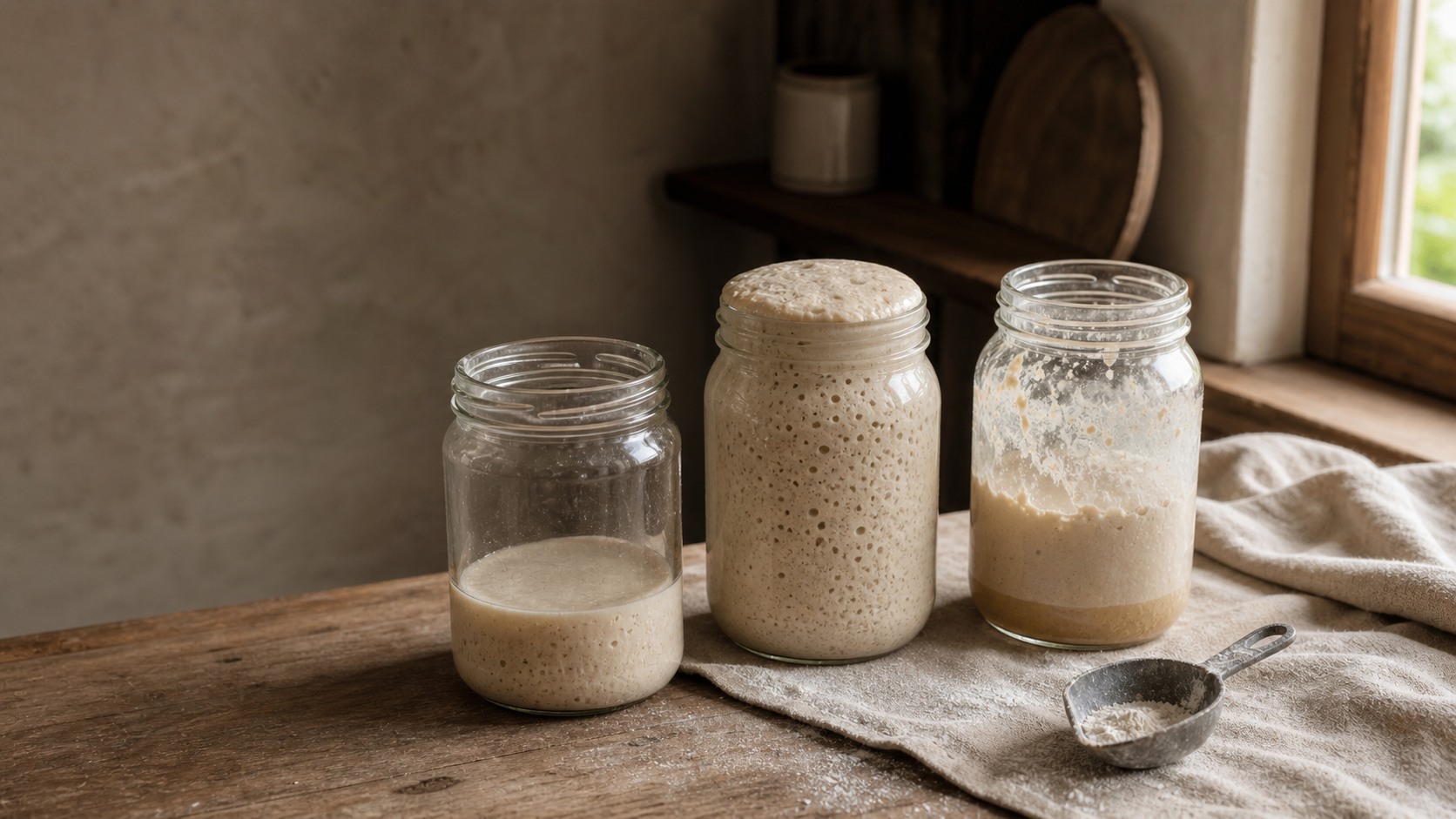 Three glass jars show sourdough starter just after feeding, fully risen at peak, and fallen into mature discard.